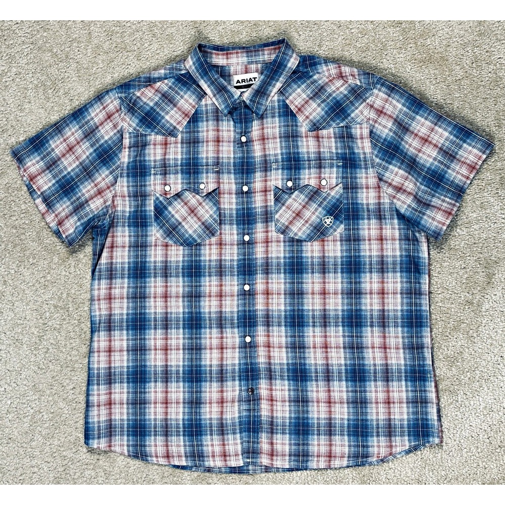 Ariat Retro Fit Mens XL Short Sleeve Plaid Snap Western Button Up Shirt Blue Red